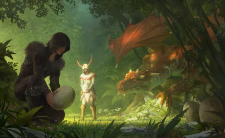 A fantasy scene featuring a hooded figure holding a large egg, a mystical humanoid creature, and a dragon guarding a treasure in a lush forest, rendered in HD for a PC desktop wallpaper.