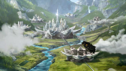 HD PC desktop wallpaper featuring an anime-style landscape from Avatar: The Legend of Korra, showcasing a futuristic city nestled in lush green mountains with flowing rivers.