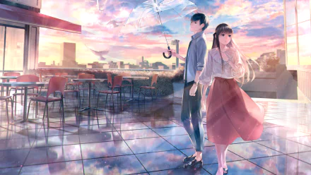 Anime-style 4K Ultra HD original desktop wallpaper featuring a boy and girl standing on a rooftop terrace at sunset with pastel skies and scattered chairs.