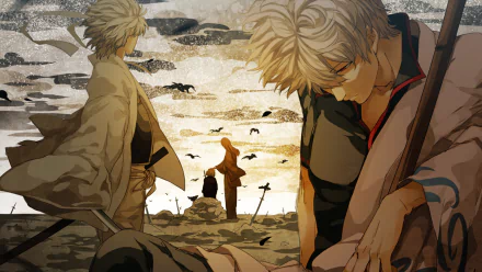 HD anime wallpaper featuring Gintoki Sakata and Yoshida Shouyou from Gintama, set against a dramatic, cloudy sky with ravens and grave markers in the background.