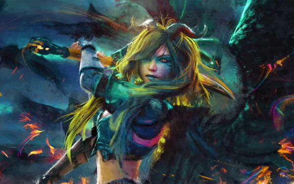 HD fantasy desktop wallpaper featuring a fierce woman warrior with horns, wielding a weapon amidst a dark, fiery battle scene.