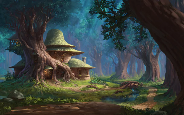 A fantasy forest scene showcasing a whimsical house nestled among giant trees, designed as an HD PC desktop wallpaper and background.
