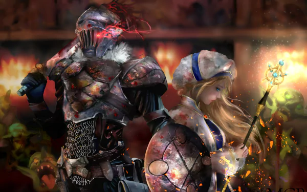4K Ultra HD anime wallpaper featuring Priestess and the armored Goblin Slayer from the Goblin Slayer series, set against a fiery, intense background.