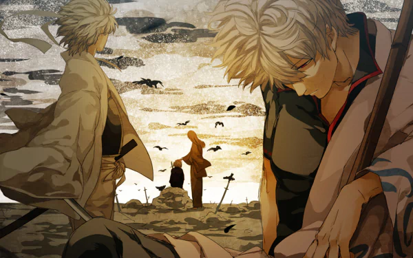HD anime wallpaper featuring Gintoki Sakata and Yoshida Shouyou from Gintama, set against a dramatic, cloudy sky with ravens and grave markers in the background.