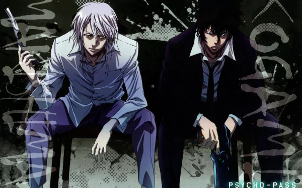 HD PC desktop wallpaper showing anime Psycho-Pass characters Shougo Makishima (white-haired, cigarette) and Shinya Kogami (dark-haired, holding Dominator), seated against a grungy backdrop.