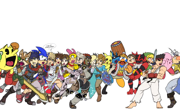 HD PC desktop wallpaper featuring a vibrant lineup of characters from the video game Super Smash Bros. Ultimate.