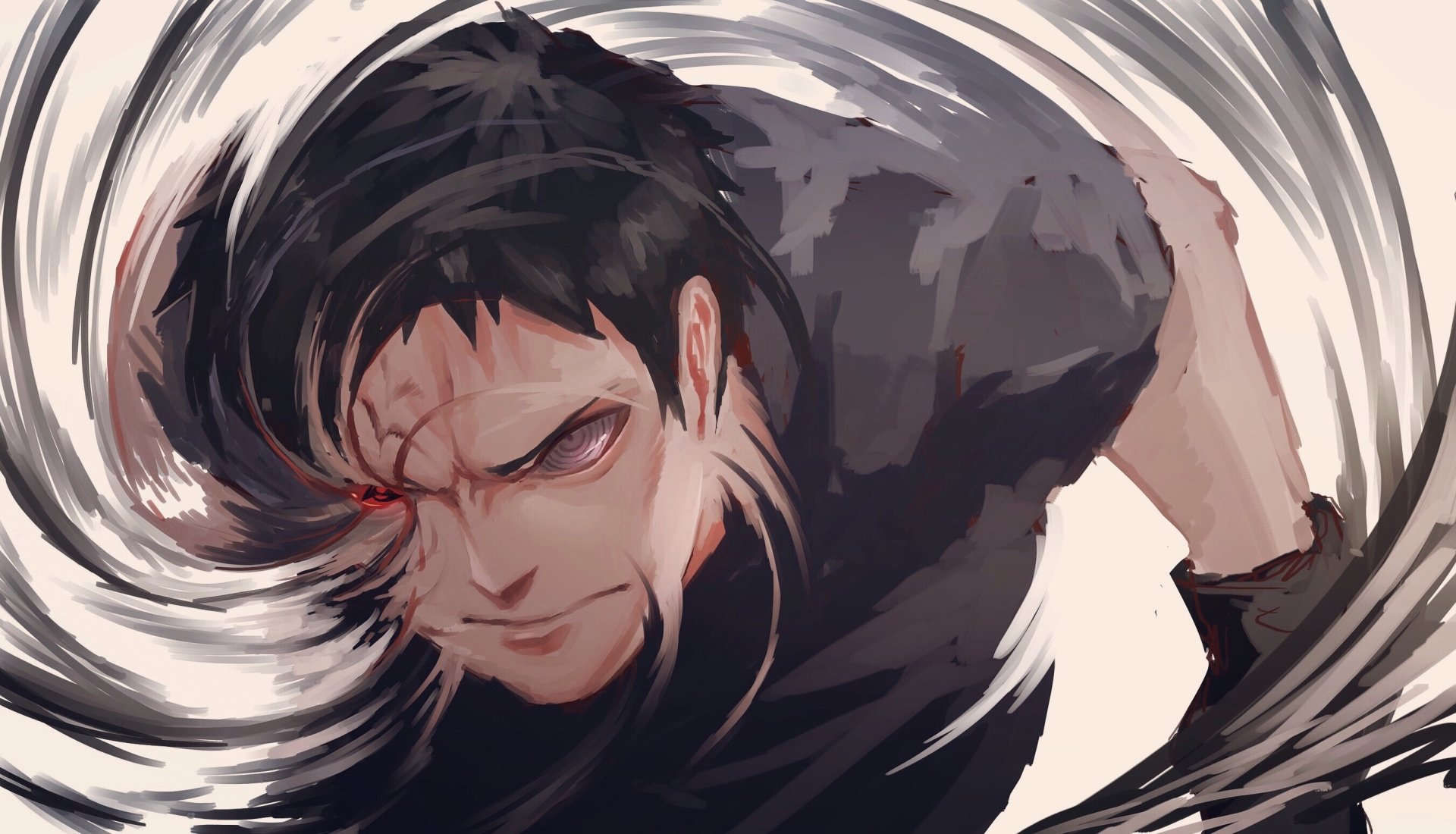 HD desktop wallpaper featuring Obito Uchiha from the anime Naruto, depicted in a dynamic and intense artwork.