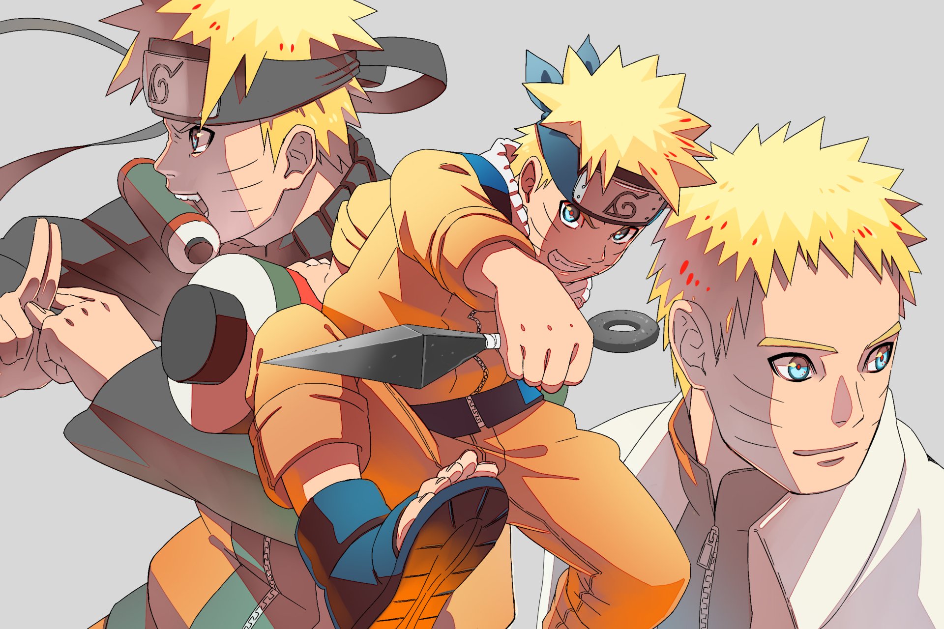 HD desktop wallpaper featuring Naruto Uzumaki in three dynamic poses, showcasing his evolution as the Hokage from the anime Naruto.