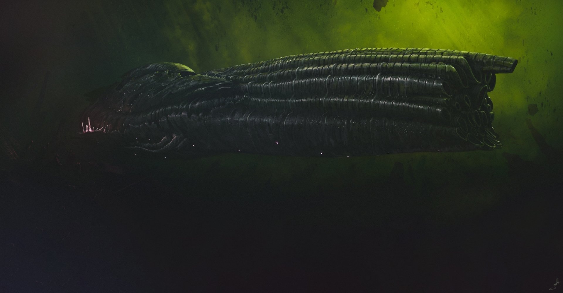 HD PC sci-fi desktop wallpaper: massive, dark ribbed spaceship drifting through a glowing green nebula, faint lights glinting along its hull.