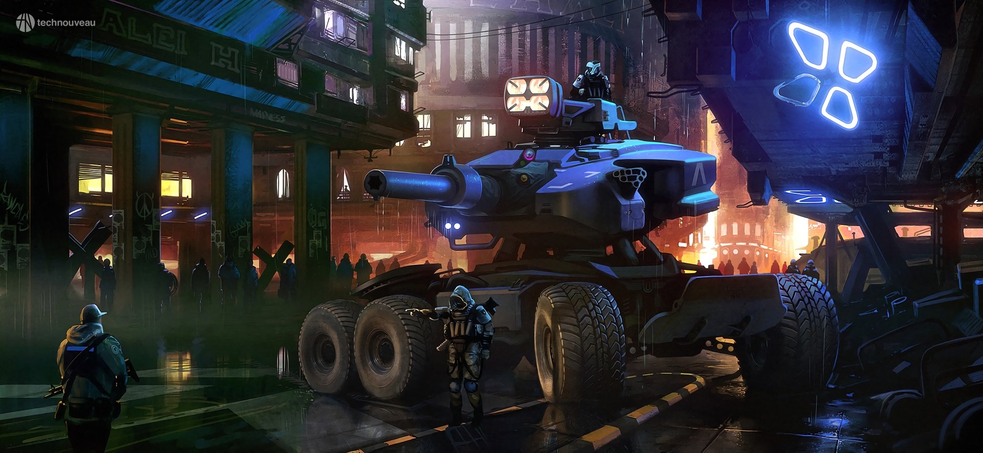 2K Quad HD PC desktop wallpaper: futuristic sci‑fi military scene with a soldier beside an armored six-wheeled battle tank under neon-lit city overpass.
