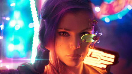 HD desktop wallpaper featuring a cyberpunk theme with a person having purple hair, illuminated by vibrant neon lights.