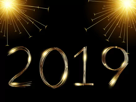 2019 New Year holiday celebration with glowing golden sparkler numbers on a black background, crafted as a 4K Ultra HD PC desktop wallpaper.