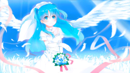 Chtholly Nota Seniorious (SukaSuka) in a white wedding dress with blue hair, angel wings and bouquet against a bright sky — HD anime PC desktop wallpaper background.