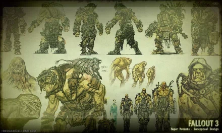 Video game Fallout HD PC desktop wallpaper/background: green-toned concept art collage of Super Mutants, grotesque creatures and armored figures from the game's designs.