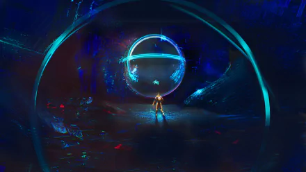 HD PC desktop wallpaper showing a lone neon-clad runner approaching a glowing circular gate in a dark, futuristic TRON RUN/r video game environment.