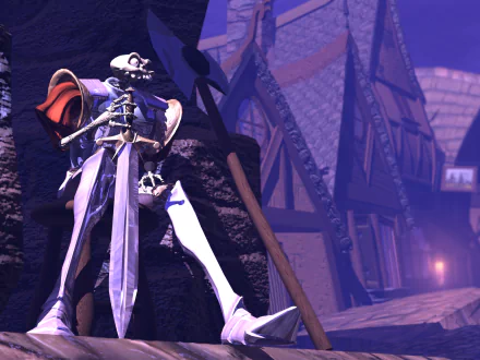 HD PC desktop wallpaper featuring a skeletal knight from the video game MediEvil standing against a medieval village backdrop at dusk.
