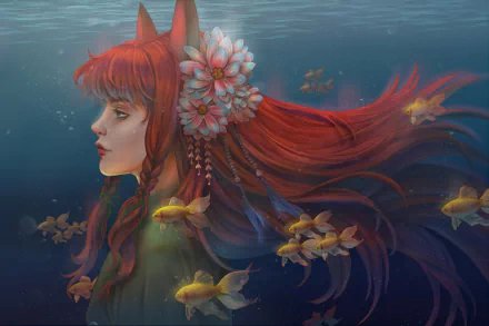 kitsune animal ears fish long hair red hair underwater fantasy woman HD Desktop Wallpaper | Background Image