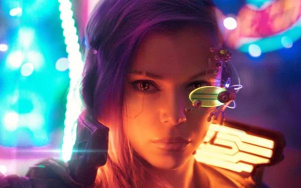 HD desktop wallpaper featuring a cyberpunk theme with a person having purple hair, illuminated by vibrant neon lights.
