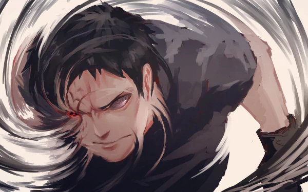 HD desktop wallpaper featuring Obito Uchiha from the anime Naruto, depicted in a dynamic and intense artwork.