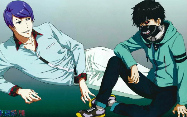 HD PC wallpaper of Tokyo Ghoul anime featuring Shū Tsukiyama reclining beside masked Ken Kaneki against a muted teal backdrop
