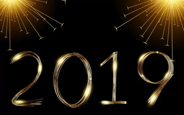 2019 New Year holiday celebration with glowing golden sparkler numbers on a black background, crafted as a 4K Ultra HD PC desktop wallpaper.