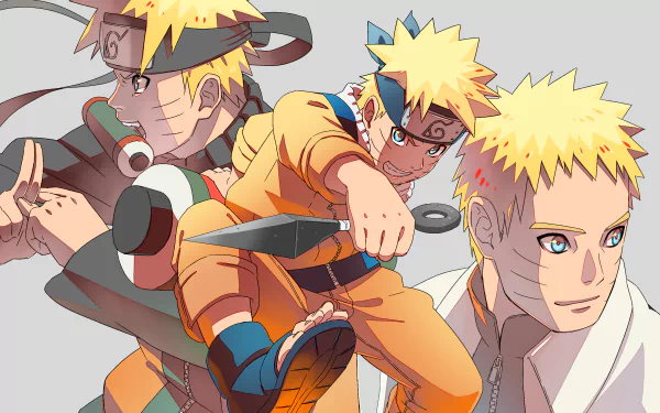 HD desktop wallpaper featuring Naruto Uzumaki in three dynamic poses, showcasing his evolution as the Hokage from the anime Naruto.