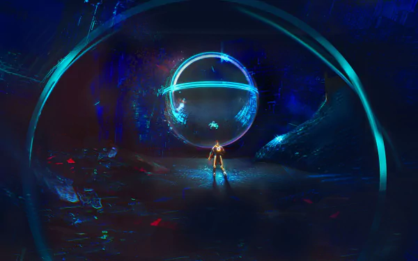 HD PC desktop wallpaper showing a lone neon-clad runner approaching a glowing circular gate in a dark, futuristic TRON RUN/r video game environment.