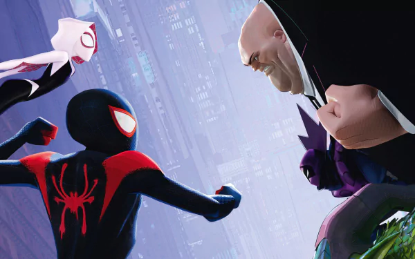 HD desktop wallpaper featuring Spider-Gwen, Miles Morales, Kingpin, and Spider-Man characters from Marvel Comics' Spider-Man: Into The Spider-Verse movie.