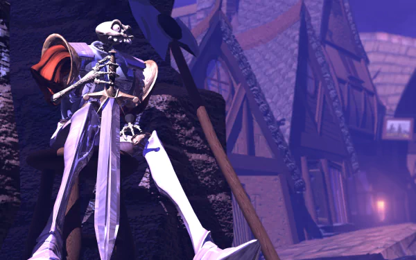 HD PC desktop wallpaper featuring a skeletal knight from the video game MediEvil standing against a medieval village backdrop at dusk.