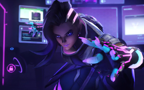 Sombra (Overwatch) from the video game Overwatch reaches forward amid neon purple-pink glows and hacker monitors — 4K Ultra HD PC desktop wallpaper/background.