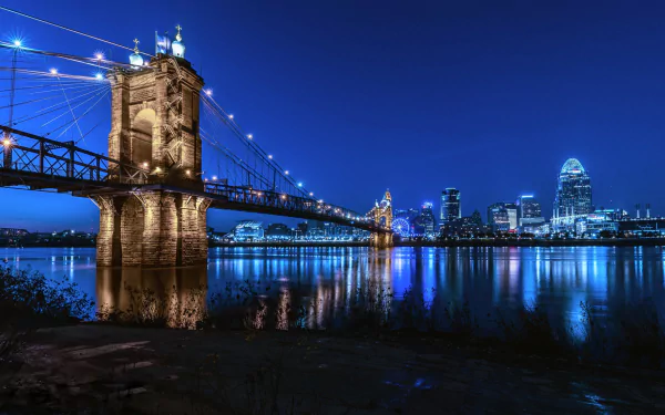 John A. Roebling Suspension Bridge city night bridge USA man made Cincinnati HD Desktop Wallpaper | Background Image