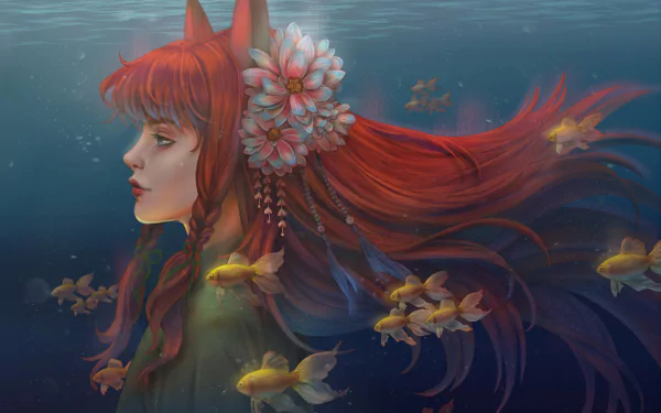 Fantasy kitsune woman with fox ears and long red hair flowing underwater among golden fish, adorned with a floral hairpiece — 2K Quad HD PC desktop wallpaper.