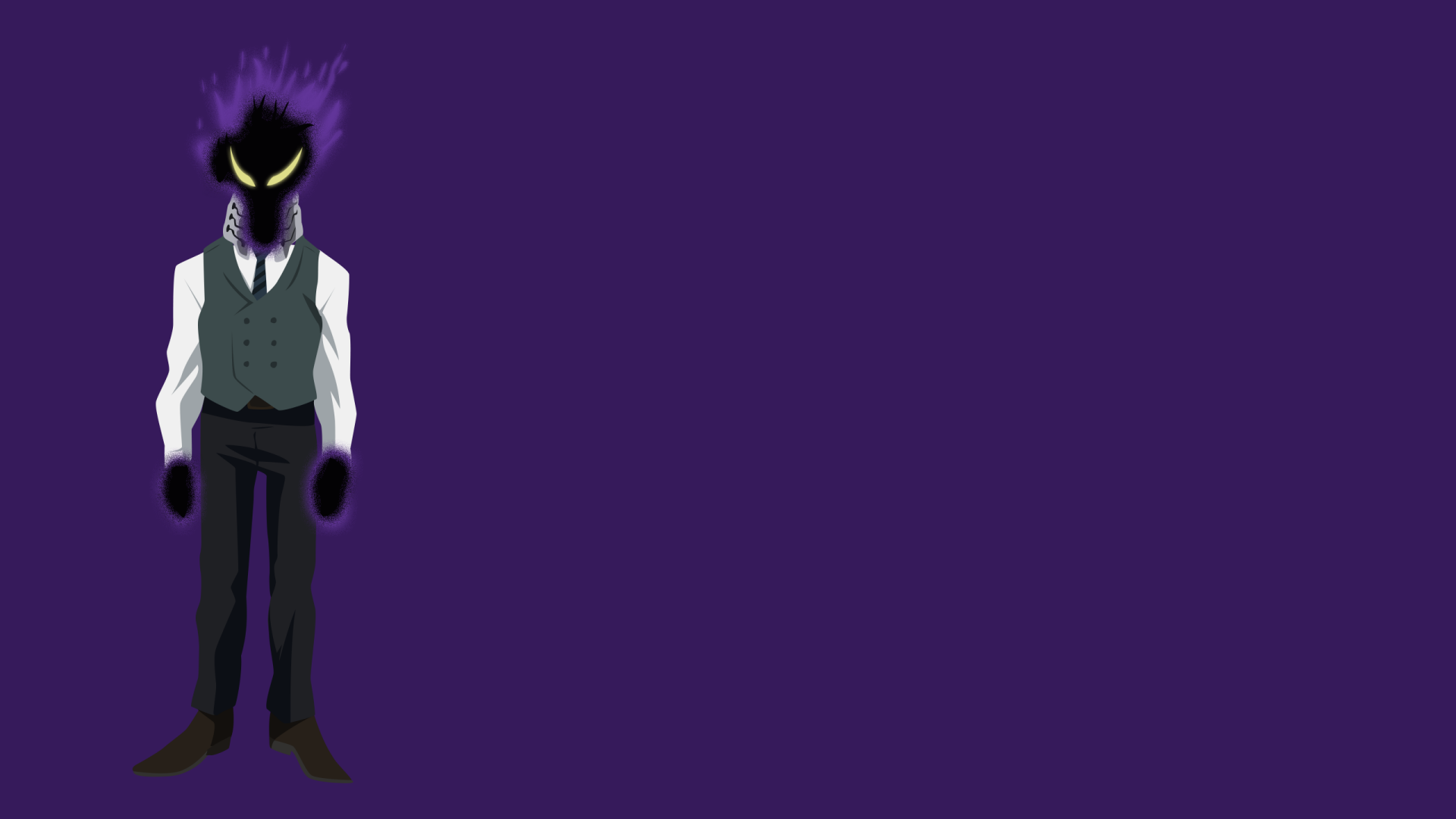 Kurogiri (Boku No Hero Academia) anime wallpaper: smoke-headed figure in vest and tie stands left on solid purple 2K Quad HD PC desktop background — My Hero Academia