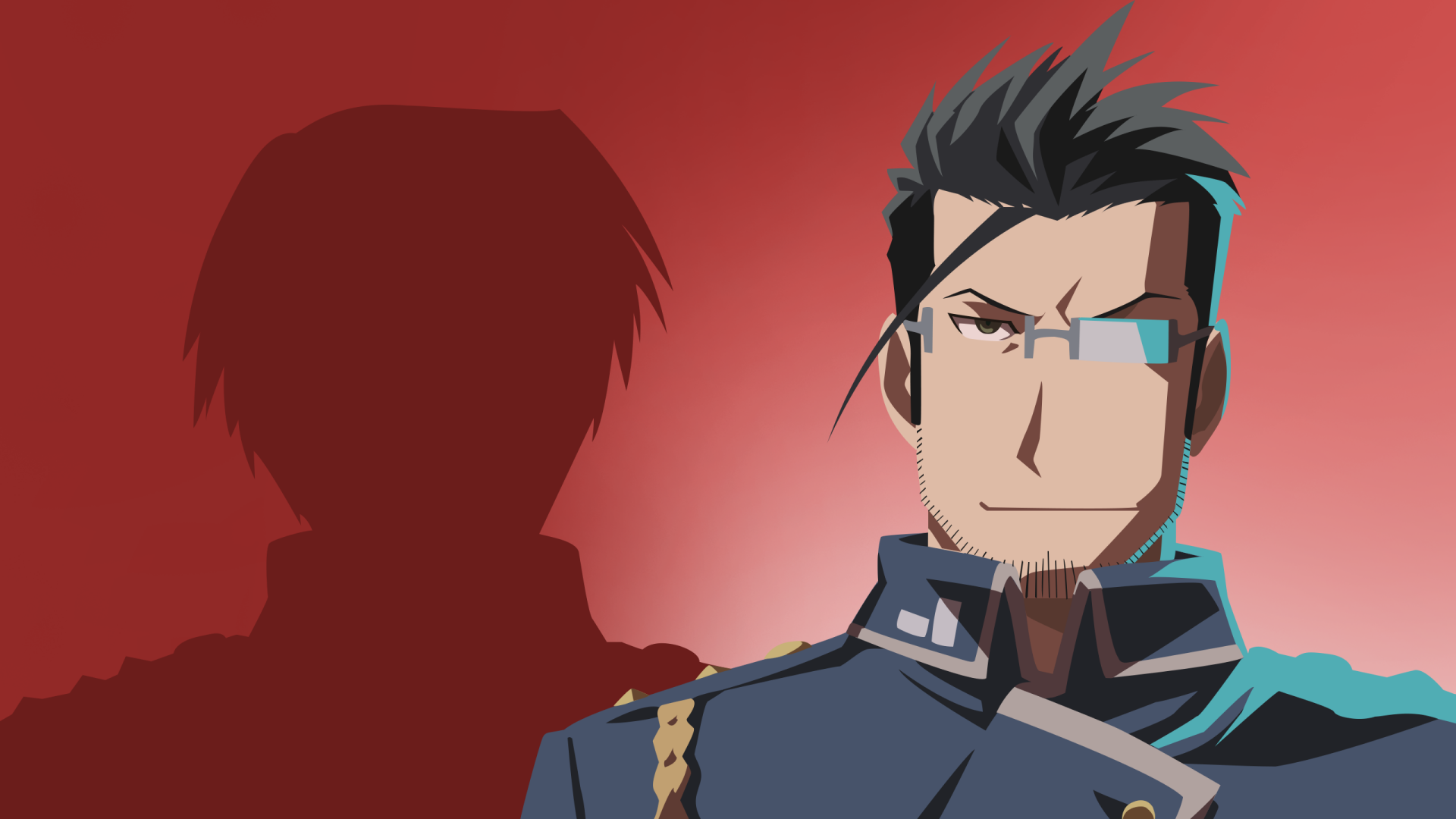 Maes Hughes from Fullmetal Alchemist in military uniform, red gradient background with a shadowed silhouette — 2K Quad HD PC desktop wallpaper.