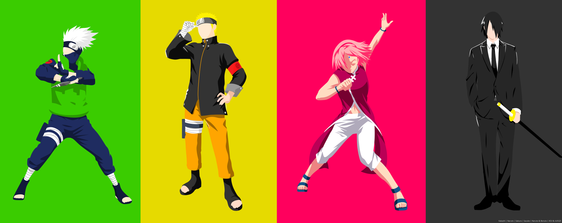 Minimalist 8K Ultra HD anime wallpaper featuring Naruto Uzumaki, Sakura Haruno, and Kakashi Hatake in bold color blocks with clean, sharp designs from Naruto and Boruto series.