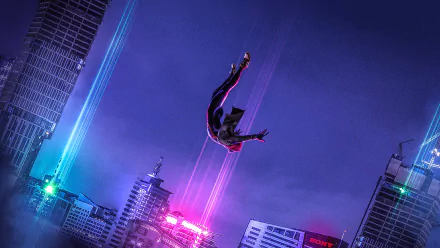 HD desktop wallpaper featuring Miles Morales as Spider-Man from the movie Spider-Man: Into The Spider-Verse, diving upside down among vibrant city skyscrapers with a purple and blue night sky background.