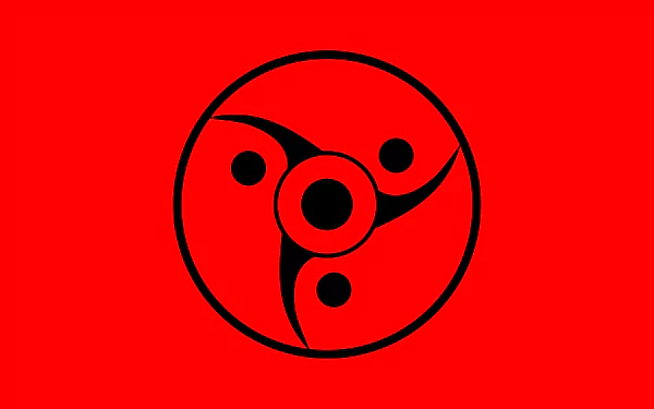 Minimalist Mangekyō Sharingan symbol in black on a bold red field — anime Naruto 8K Ultra HD PC desktop wallpaper.