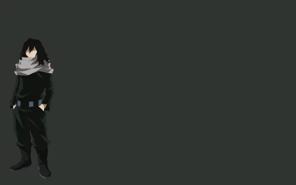 Minimalist HD PC desktop wallpaper of Eraserhead (Shouta Aizawa) from My Hero Academia: lone stylized anime figure at left on a solid dark gray background.
