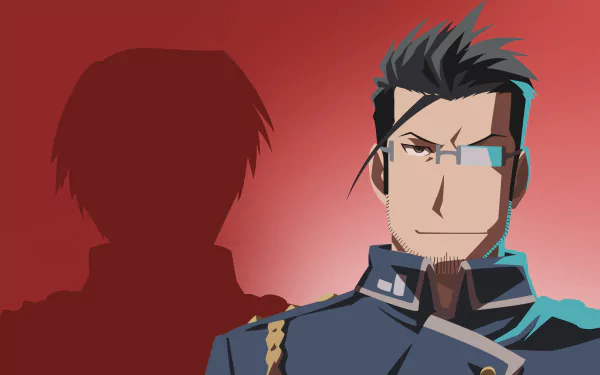 Maes Hughes from Fullmetal Alchemist in military uniform, red gradient background with a shadowed silhouette — 2K Quad HD PC desktop wallpaper.