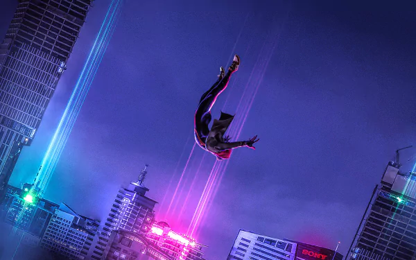 HD desktop wallpaper featuring Miles Morales as Spider-Man from the movie Spider-Man: Into The Spider-Verse, diving upside down among vibrant city skyscrapers with a purple and blue night sky background.