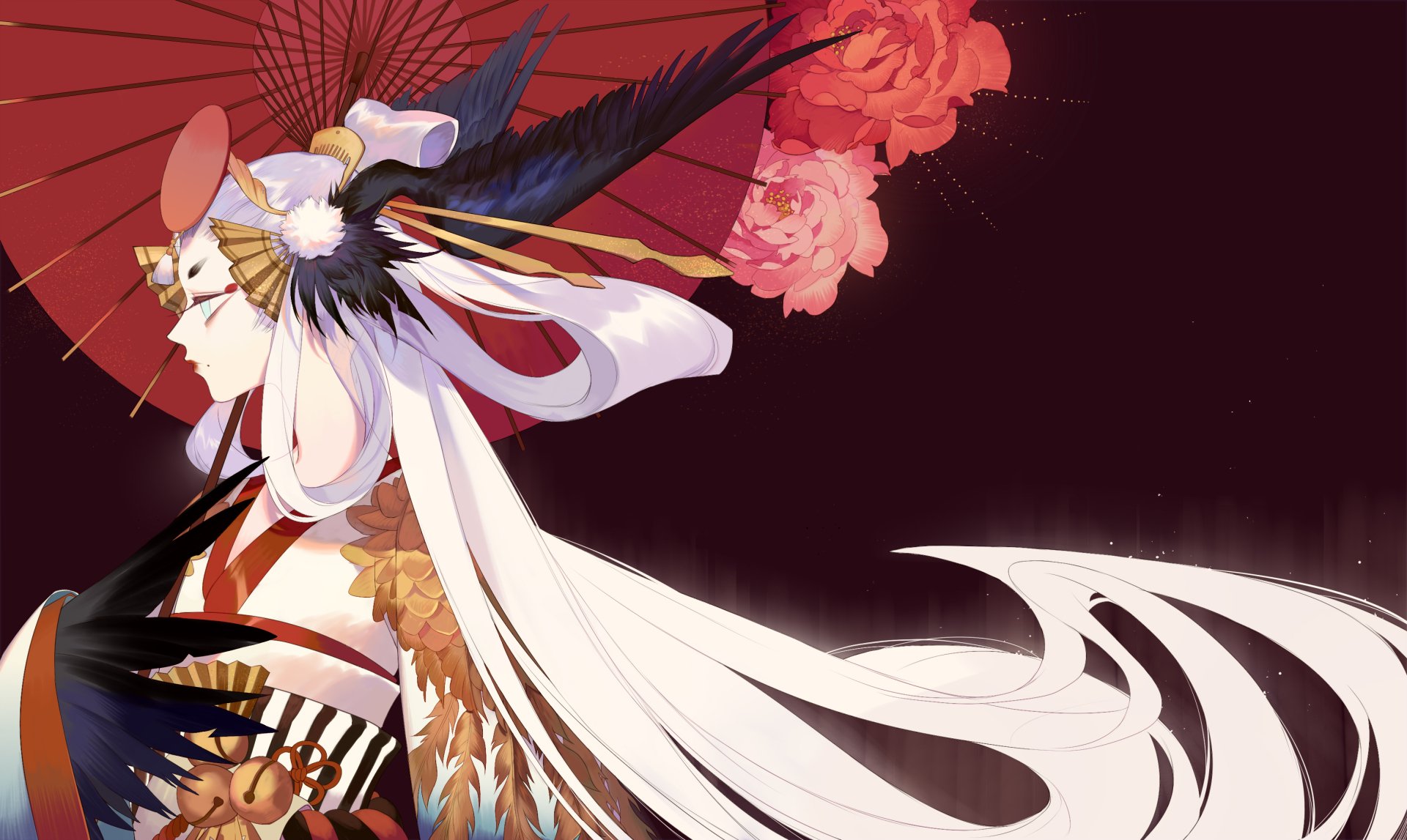 Anime-style Onmyoji character with flowing white hair and traditional attire, holding a red umbrella against a dark background. HD PC desktop wallpaper and background.