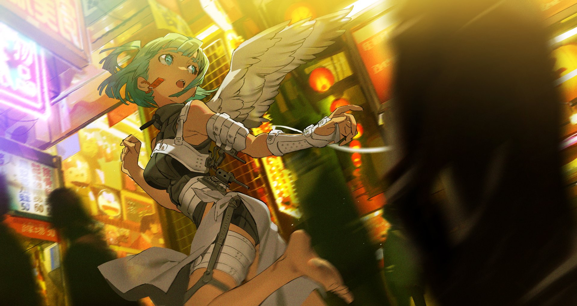 Anime angel with blue hair, blue eyes, and wings flies through a vibrant city at night, wearing earrings and armored clothing in this 4K Ultra HD PC wallpaper.