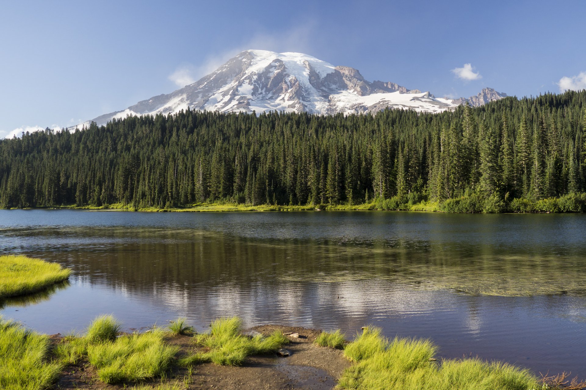 HD PC desktop wallpaper showcasing Mount Rainier towering over a dense forest with its reflection shimmering in a calm lake under a clear sky.