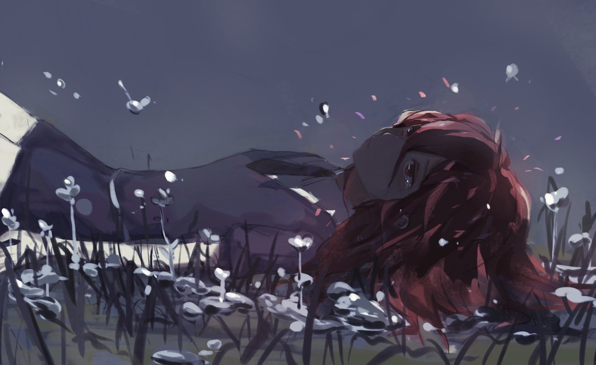 HD PC desktop wallpaper featuring Cinnabar from the anime Land of the Lustrous, surrounded by delicate white flowers in a moody, atmospheric scene.