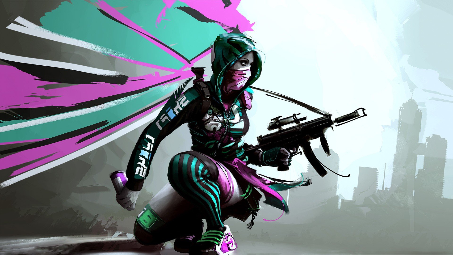 A dynamic fantasy image featuring a woman in a vibrant, stylish outfit wielding a gun, set against a dramatic urban backdrop. This HD wallpaper captures an adventurous spirit.