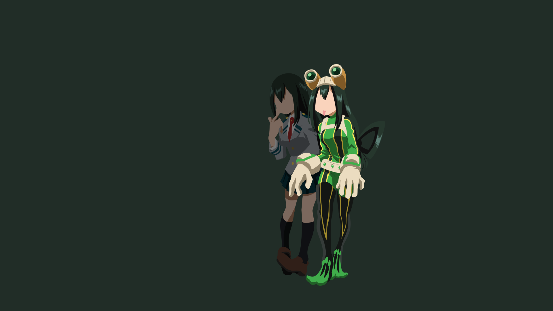 Tsuyu Asui from My Hero Academia in her green costume with a shadowed secondary figure, centered on a dark background — 2K Quad HD PC desktop wallpaper/background.
