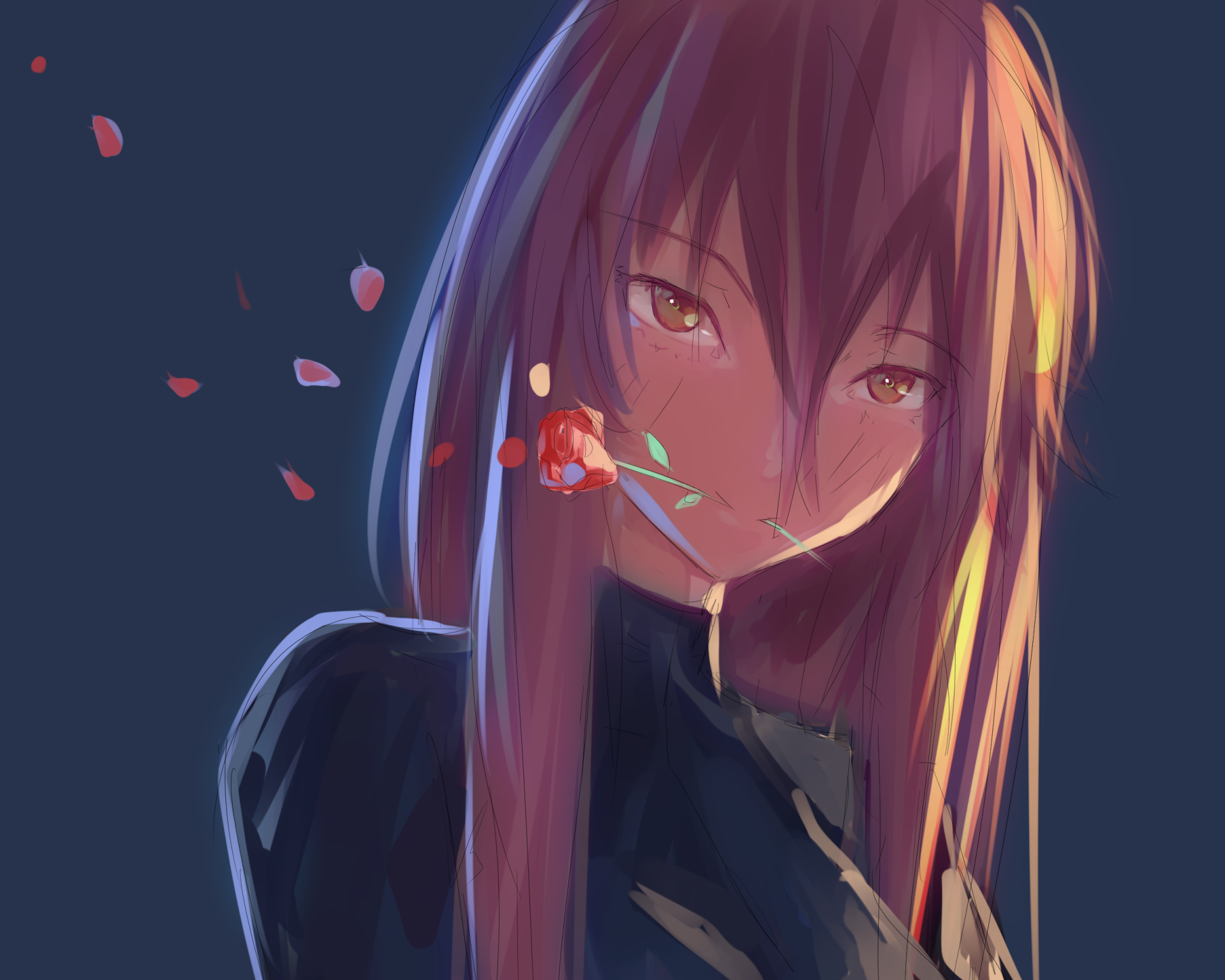 Anime-style original HD desktop wallpaper featuring a close-up of a girl with long hair holding a rose in her mouth, set against a dark background with floating petals.
