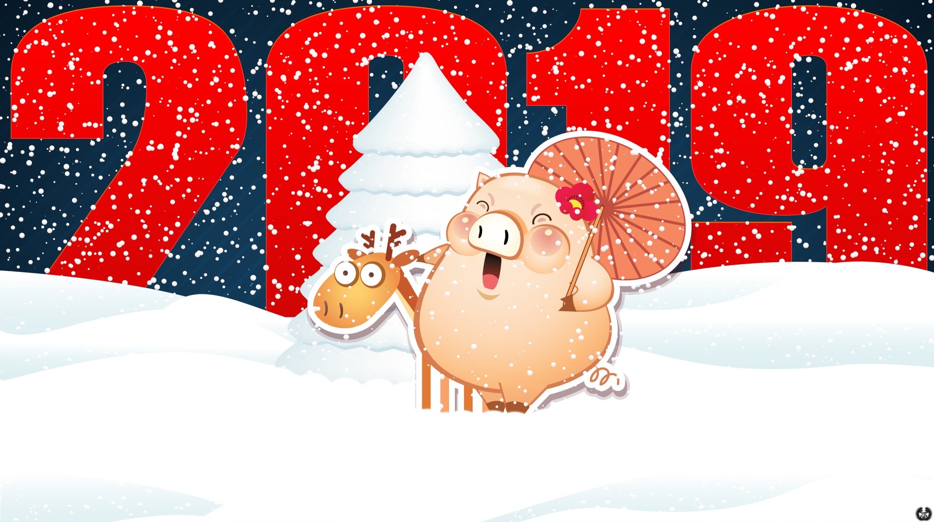 Cartoon pig with a small reindeer in a snowy holiday scene with falling snow and large red 2019 numerals - 8K Ultra HD PC desktop wallpaper/background