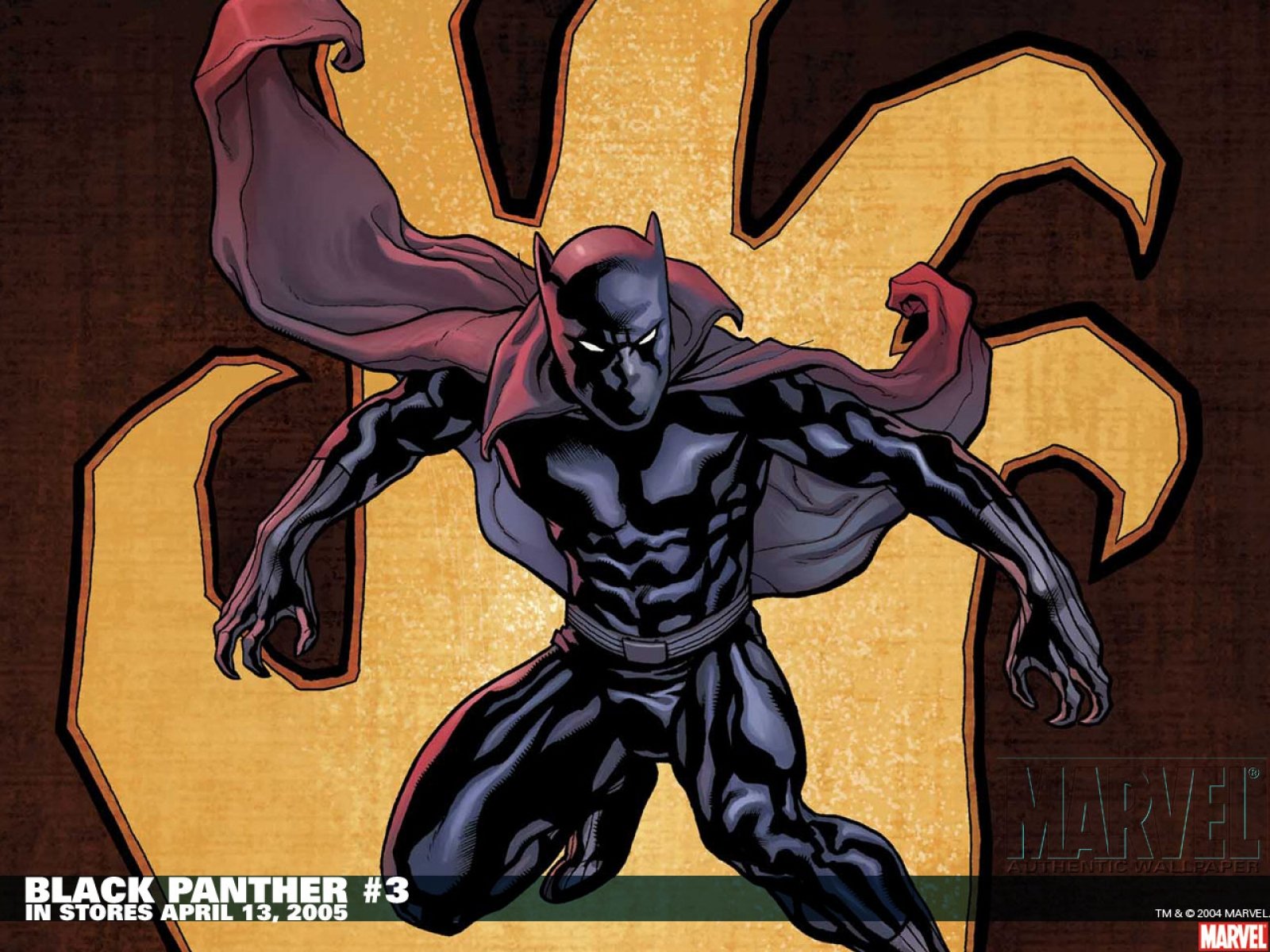 HD PC desktop wallpaper featuring Black Panther from Marvel Comics in a dynamic pose against a stylized golden background.