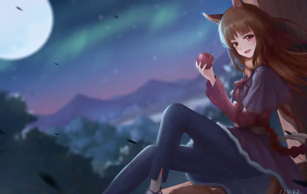 HD anime desktop wallpaper featuring Holo from Spice and Wolf holding an apple under a moonlit sky with mountains and trees in the background.